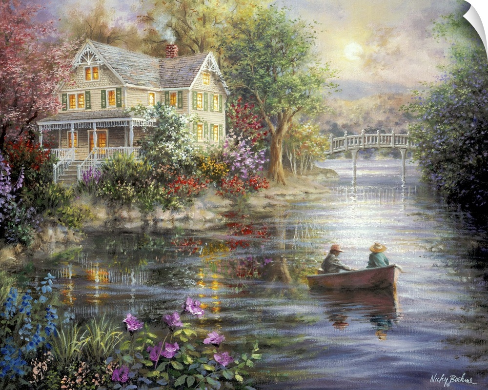 Painting of riverside scene featuring houses with glowing windows. Product is a painting reproduction only, and does not c...