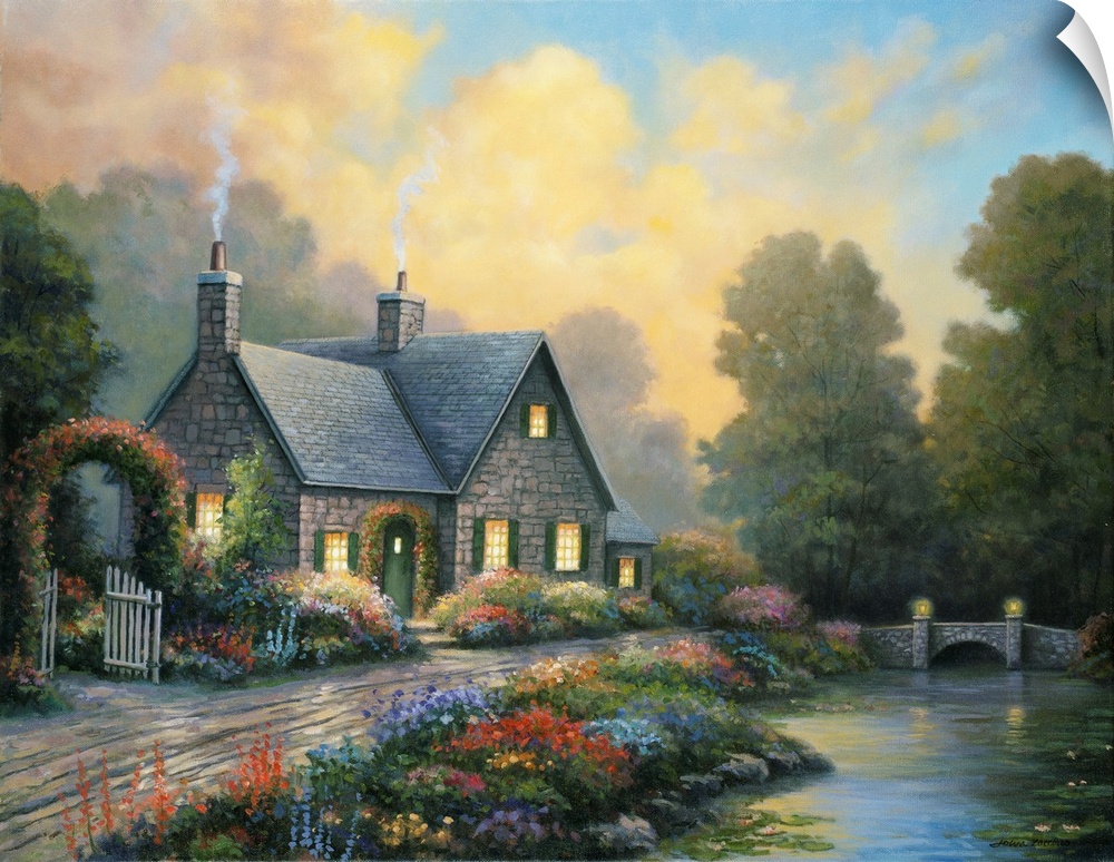 stone cottage, smoke rising from chimney, colorful flowers at the edge of a small river/creek