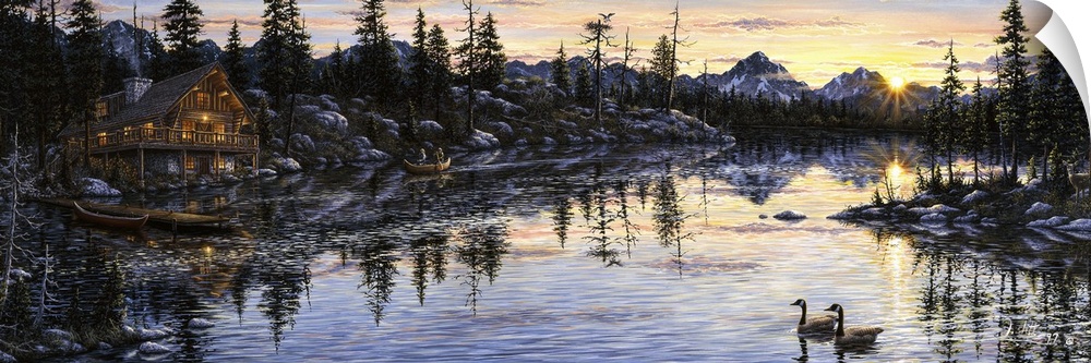 a pair of ducks swimming in the swamp with a log cabin  to the left, at sundown