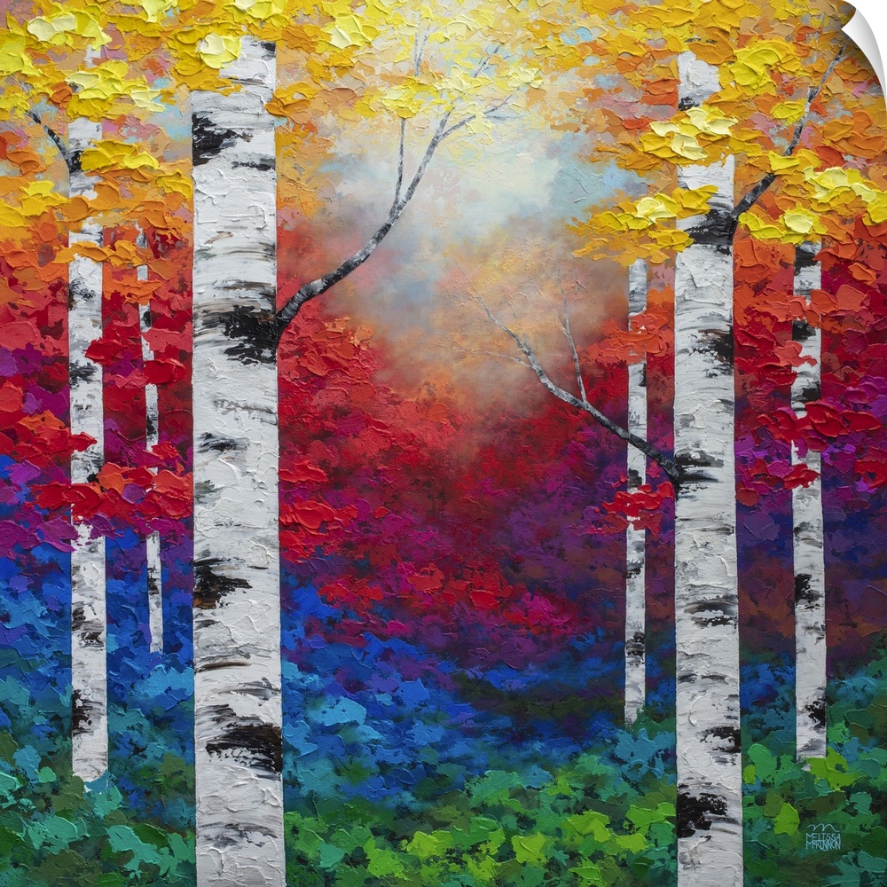 Colorful autumn forest landscape painting of aspen trees and birch trees in the fall Giclee art print on canvas by contemp...