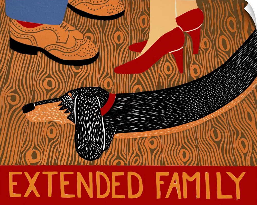 Illustration of a long dachshund at its owners feet and the phrase "Extended Family" written at the bottom.