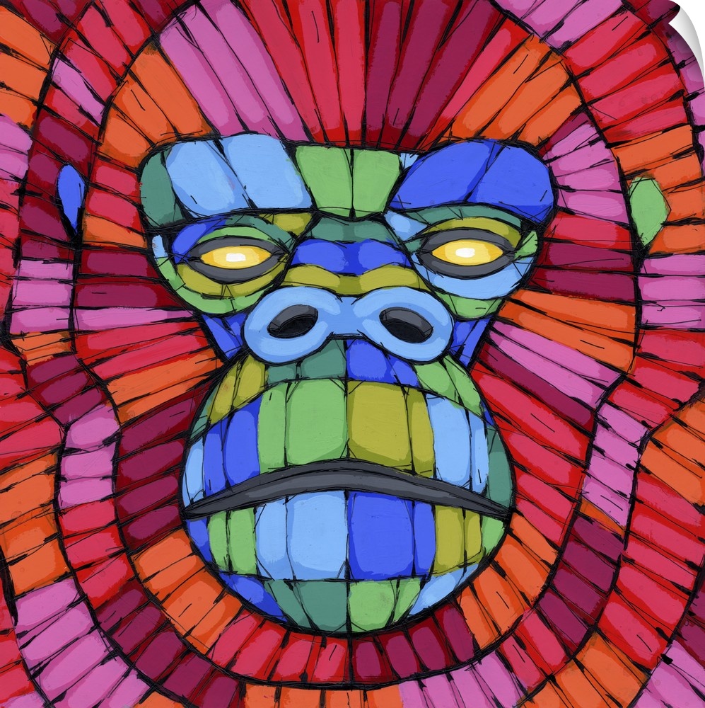 Pop art painting of a portrait of a gorilla in vivid colors.