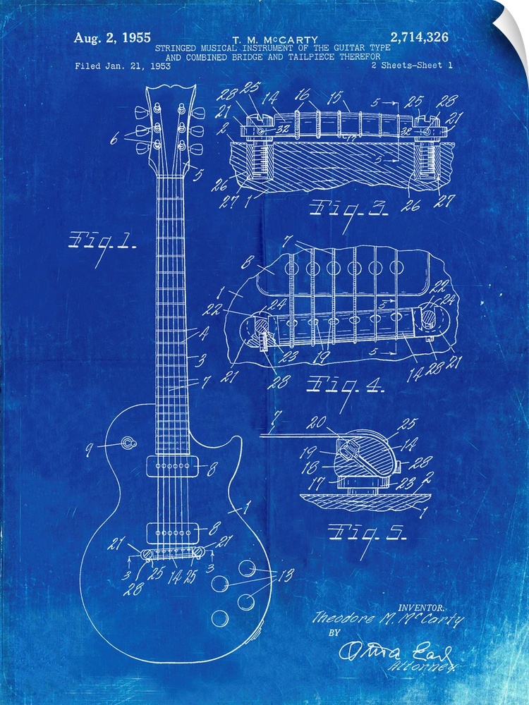 Faded Blueprint Gibson Les Paul Guitar Patent Poster