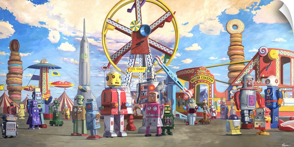 A contemporary painting of retro toy robots enjoying a day a theme park.