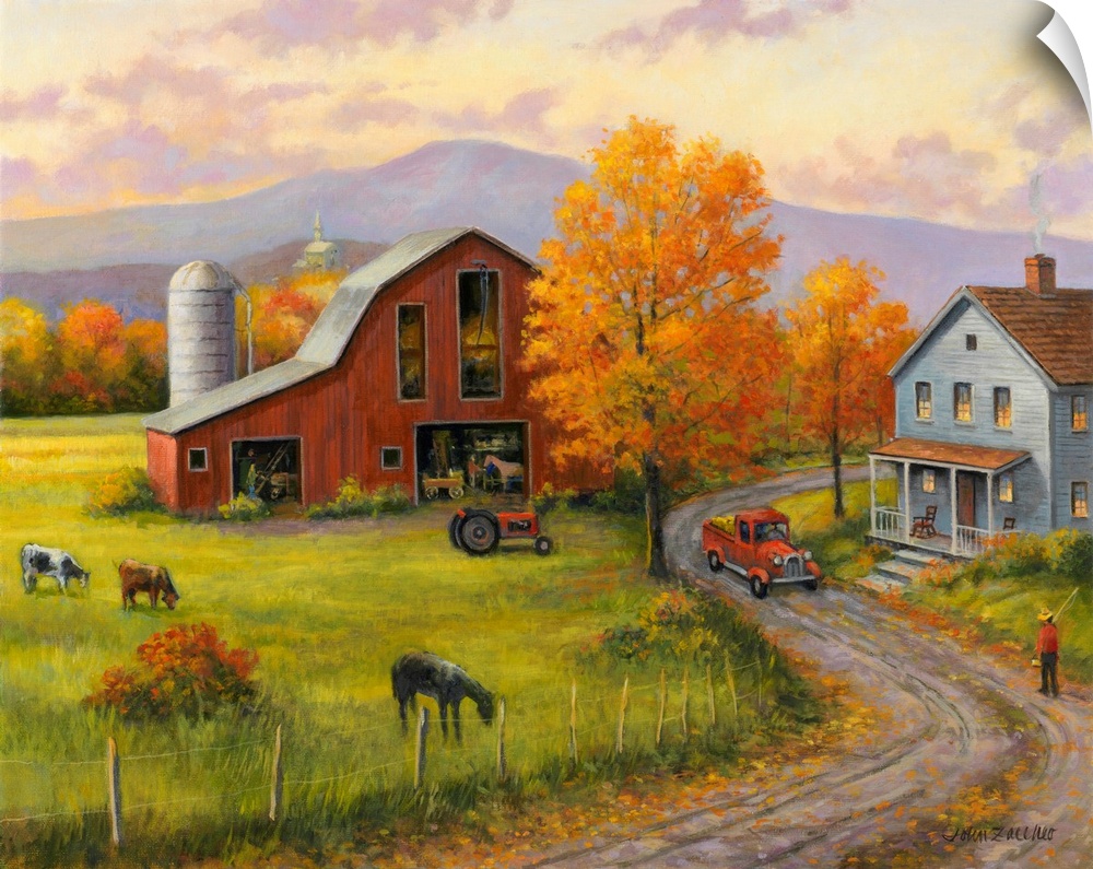 A warm transitional pastoral scene of a house and barn surrounded by livestock, with afternoon sun lighting up the fall le...