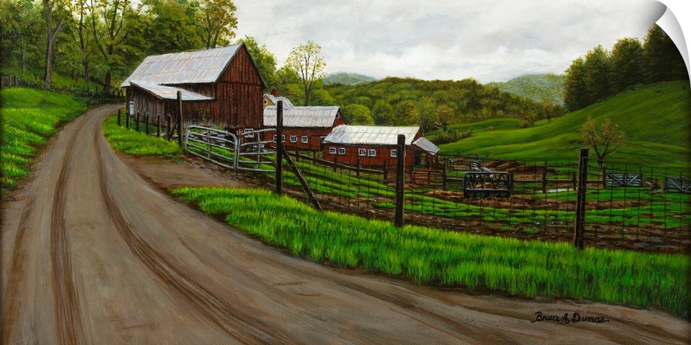 Contemporary painting of a dirt road leading to a barn