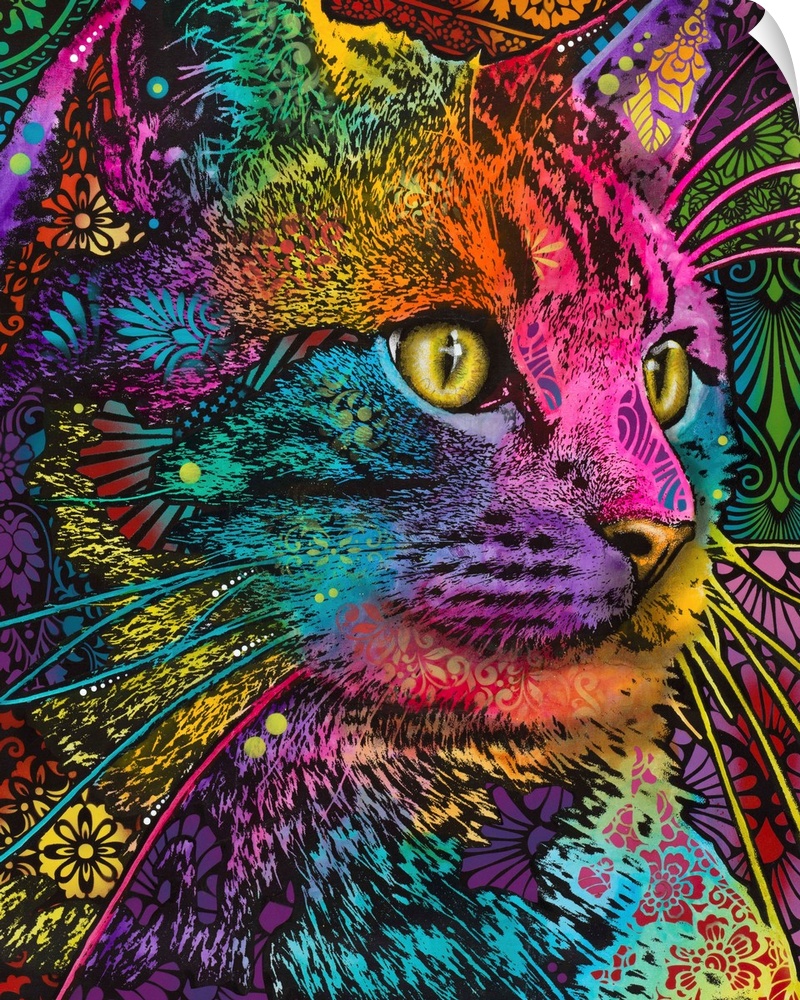 Vibrant illustration of a cat looking off to the side with bright yellow eyes and intricate designs all over its fur and b...
