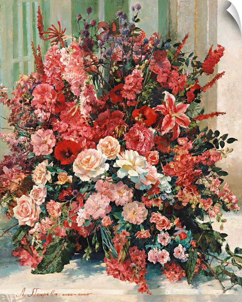 Contemporary painting of a warm and inviting bouquet of flowers in red tones.
