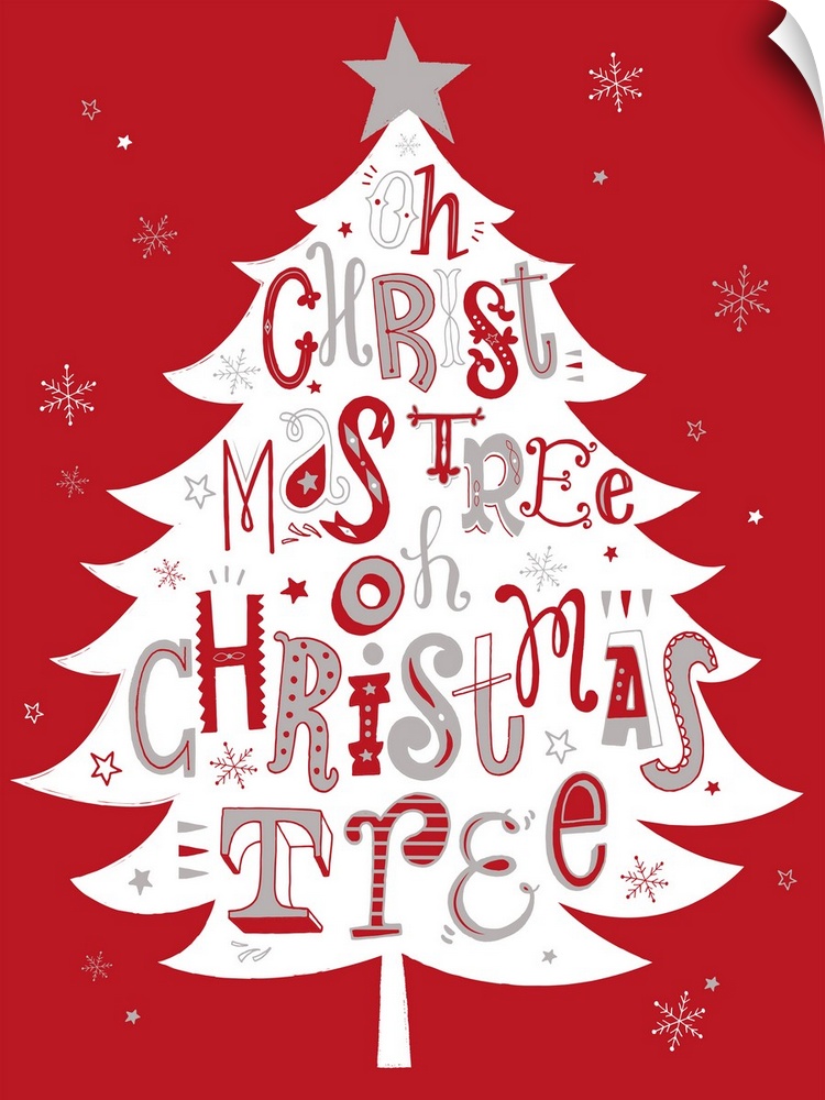 Holiday themed typography art with festive lettering against a red background.