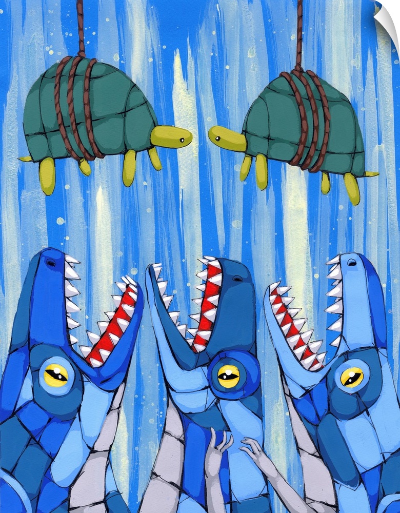 Painting of two turtles attached to ropes hanging above three blue crocodiles, all created with geometric shapes.