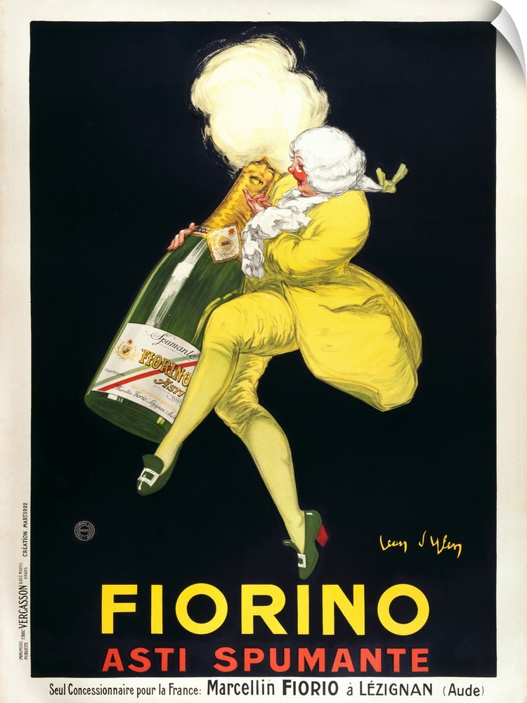 Vintage poster of a man as he hugs and dances with a life size bottle of wine.