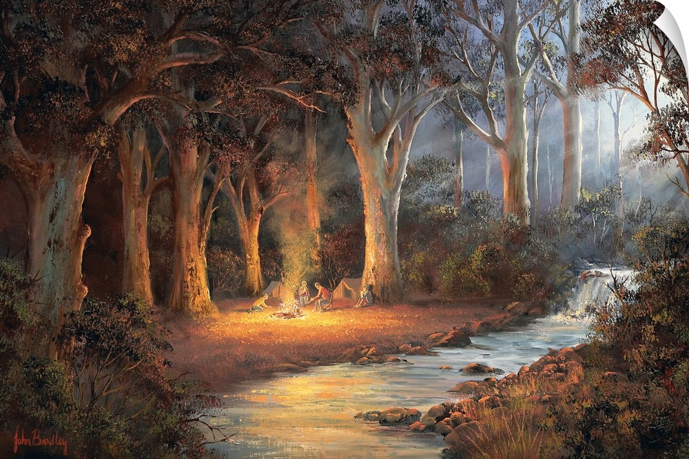 Contemporary painting of people camping in a forest at night.