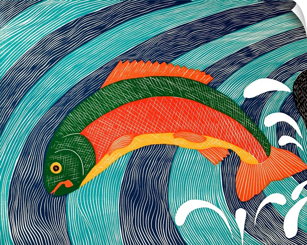 Illustration of a colorful trout jumping out of the water.