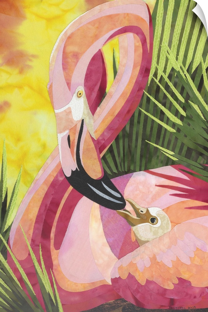 Contemporary colorful fabric art of a vibrant pink flamingo feeding its chick.