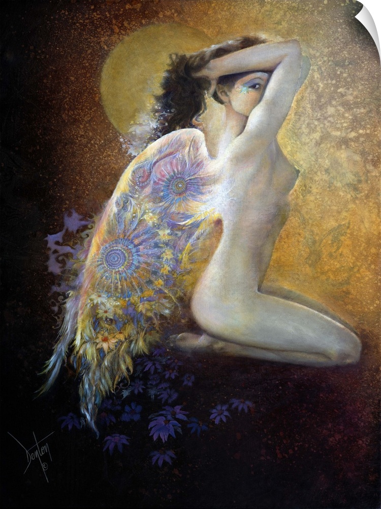 A contemporary painting of a fairy with brightly colored elaborate wings sitting and gazing at the viewer through the clos...