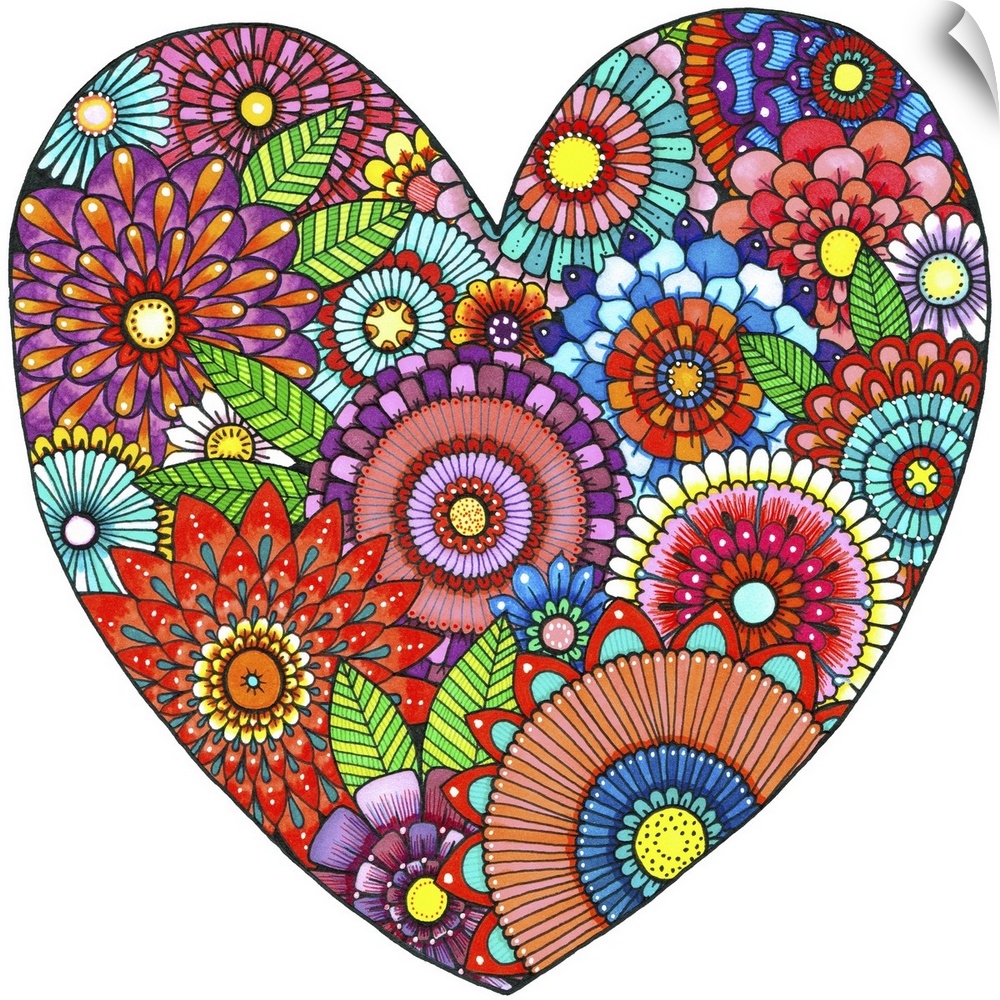 Contemporary abstract artwork of bright vibrant colored flowers in a heart shape.