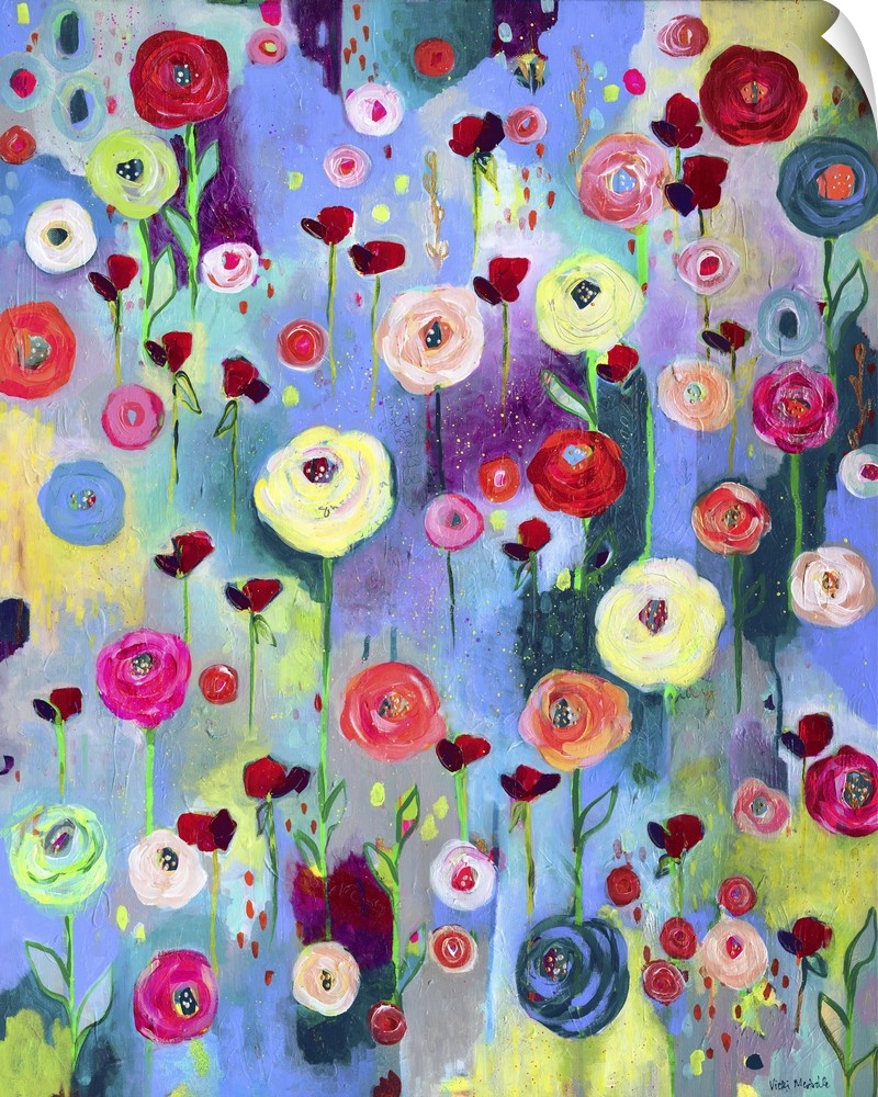 Large painting with vibrant flowers covering the canvas on a colorful background.