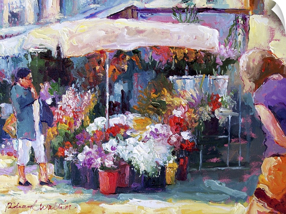 Contemporary painting of a flower stand.