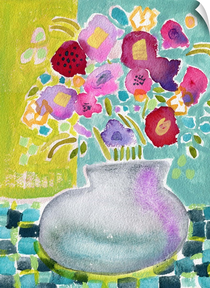 A watercolor vase of pink and red flowers.