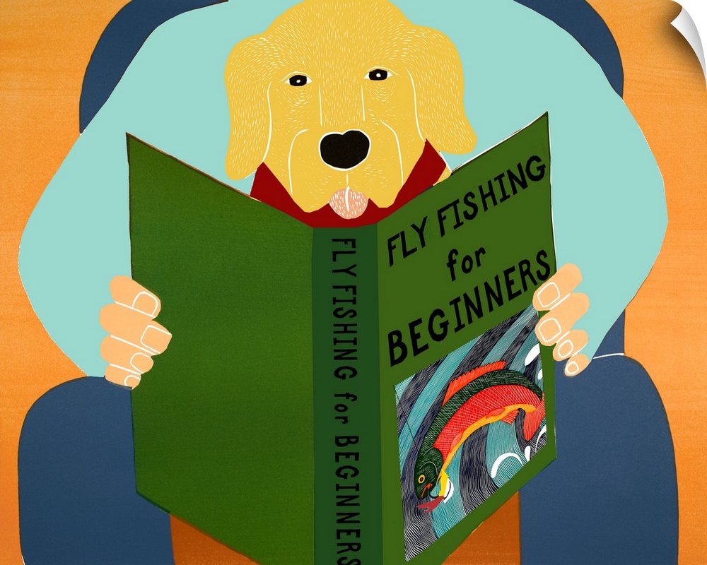 Illustration of a yellow lab sitting on its owners lap reading a book titled "Fly Fishing For Beginners"