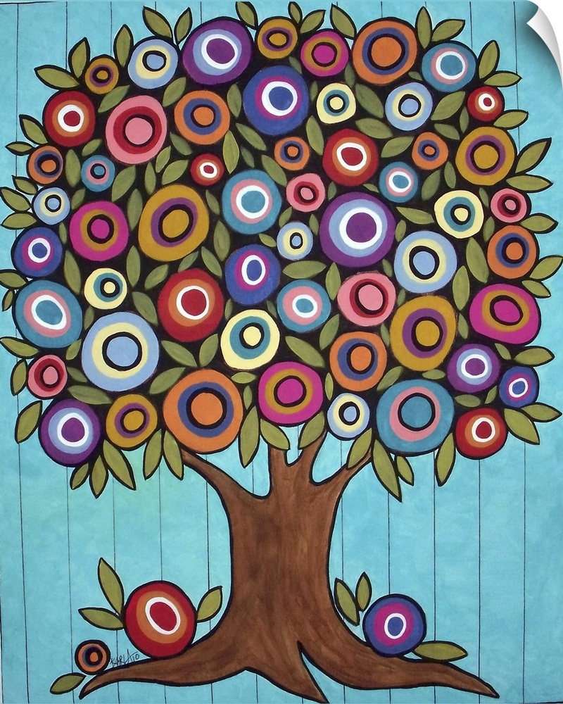Contemporary painting of a tree with multi-colored round flowers.