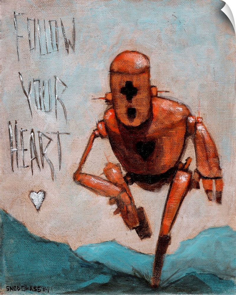 Illustration of a red robot running after a small heart.