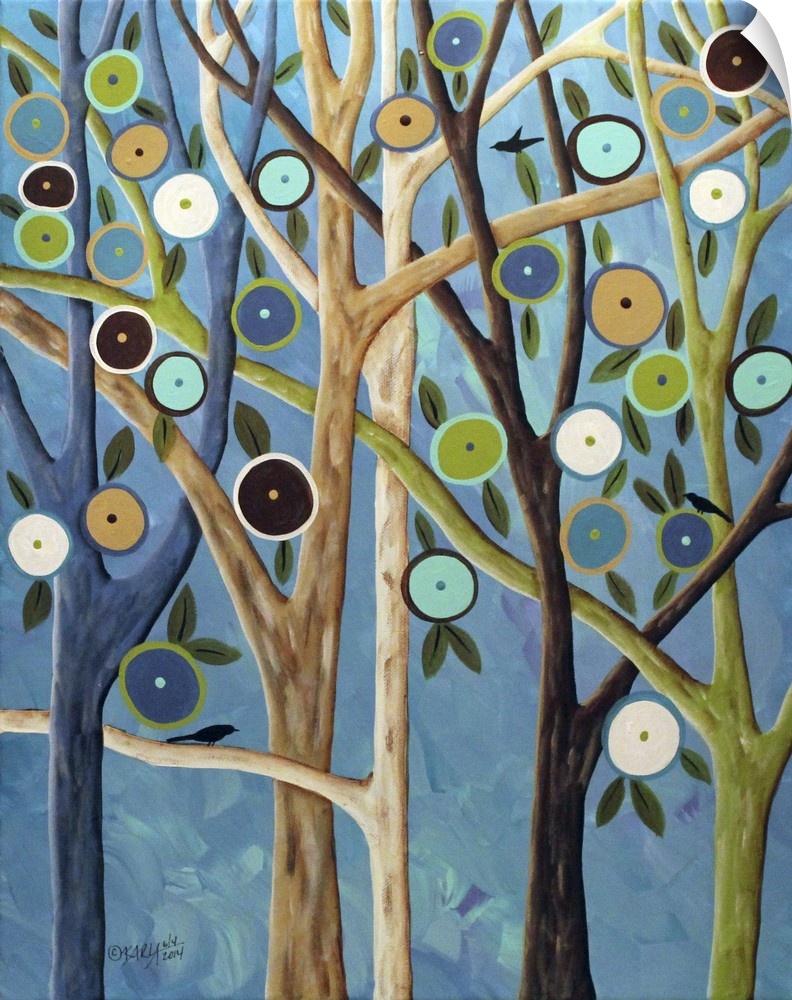 Contemporary painting of a forest of trees with long branches and round flowers.