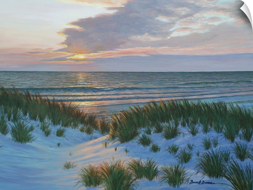 Contemporary painting of the sun setting across the ocean and sand dunes with beach grass.