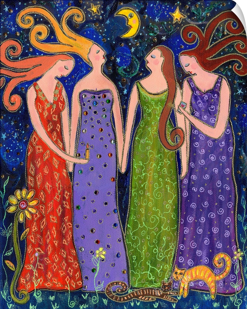 Four women in long dresses standing under the night sky.