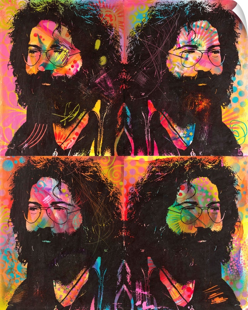 Four square illustrations of Jerry Garcia on a colorful, graffiti-style background.