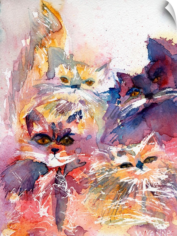 Four watercolor cats in shades of red and yellow.