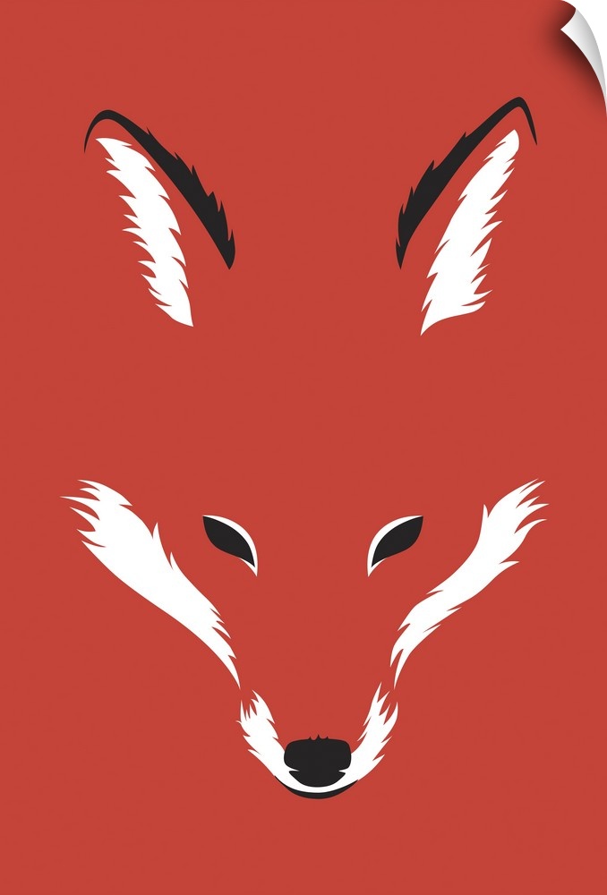 Contemporary minimalist artwork of a the face of a fox in a red background.