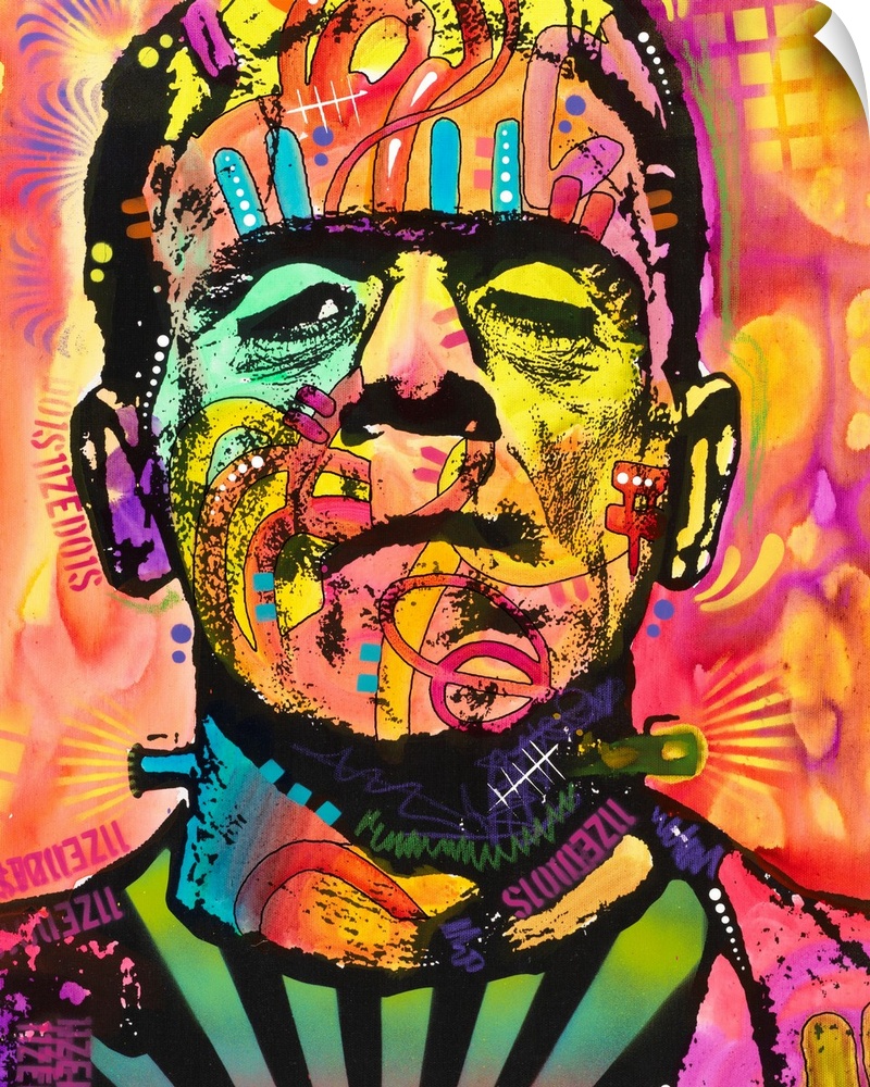 Graffiti style illustration of Frankenstein with different colors and abstract markings all over.