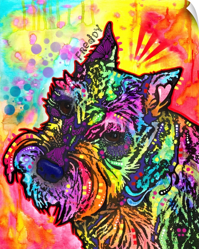 Vibrant painting of a Schnauzer named Freddy with colorful markings and his name handwritten above his ear.