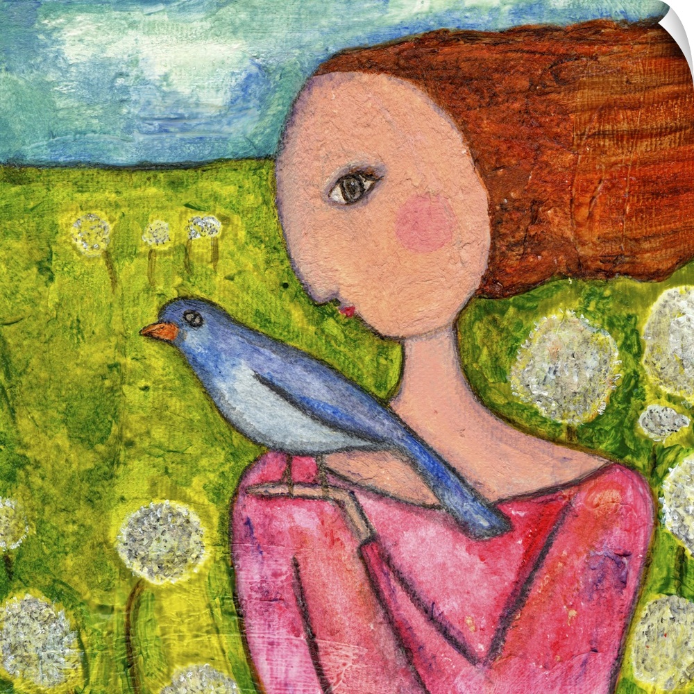 A woman in pink holding a blue bird in a field of dandelions.