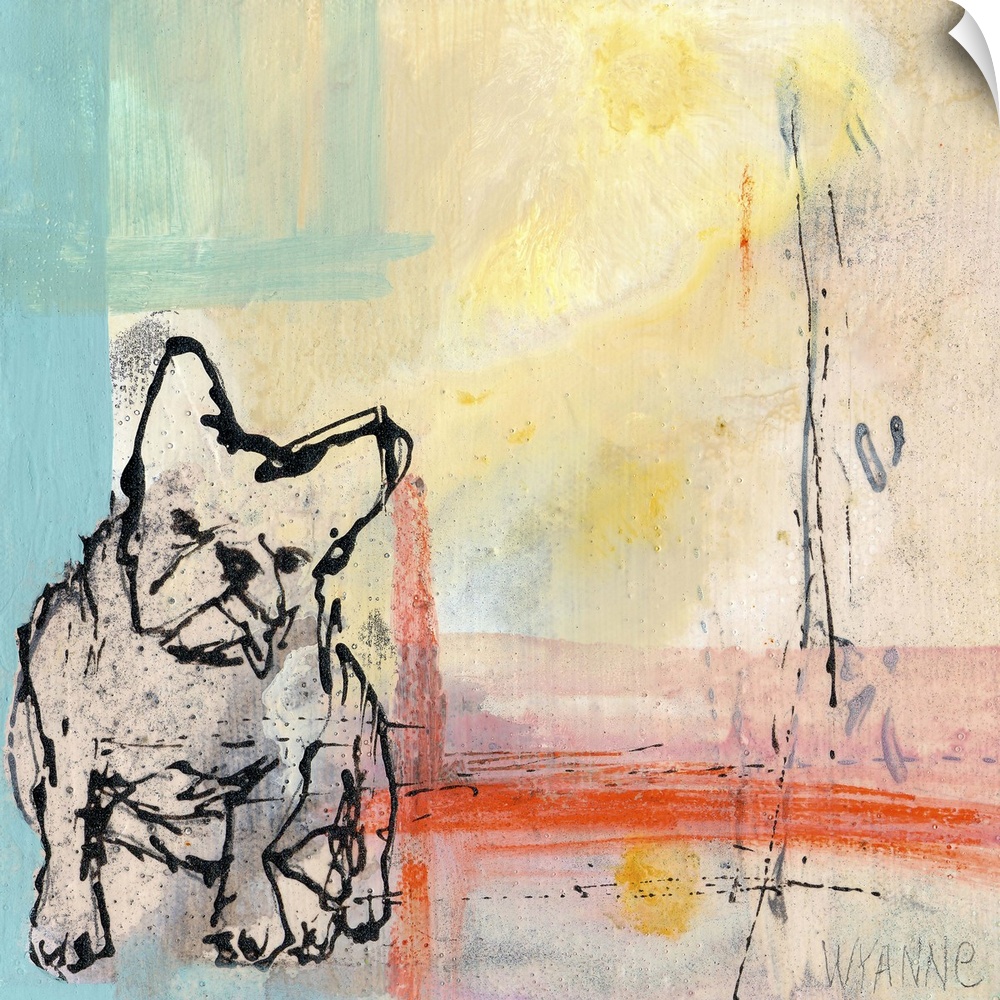 A French Bulldog on an abstract pastel background.