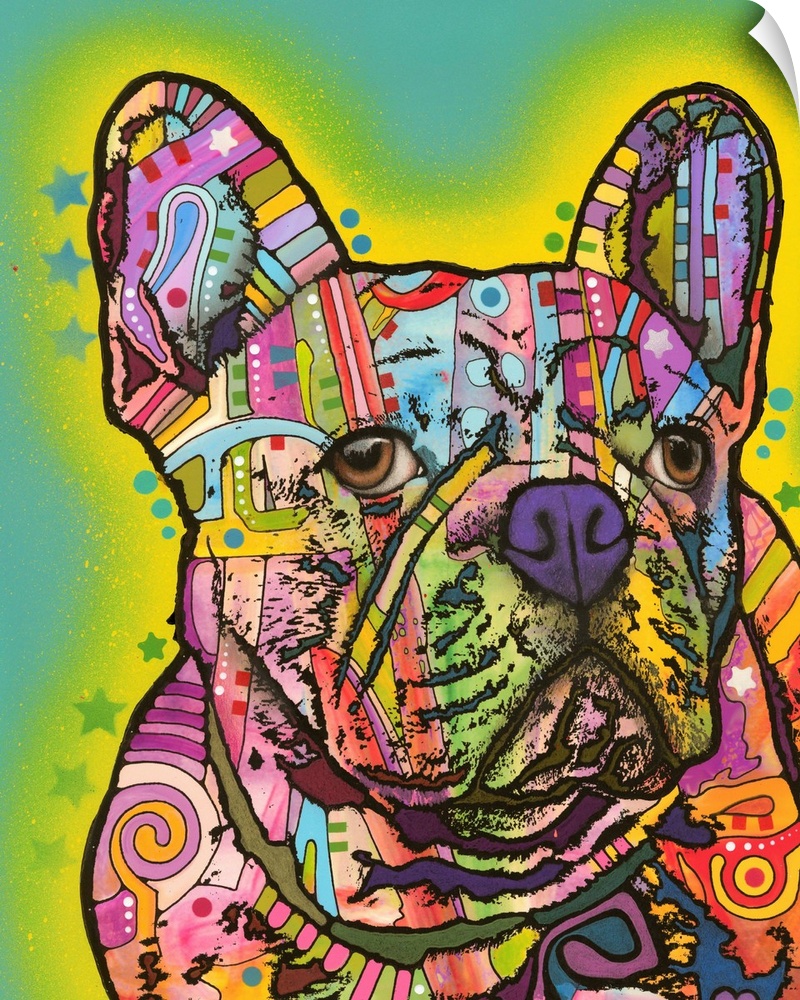 Colorful painting of a French Bulldog with abstract markings on a teal background with a yellow and lime green outline, st...