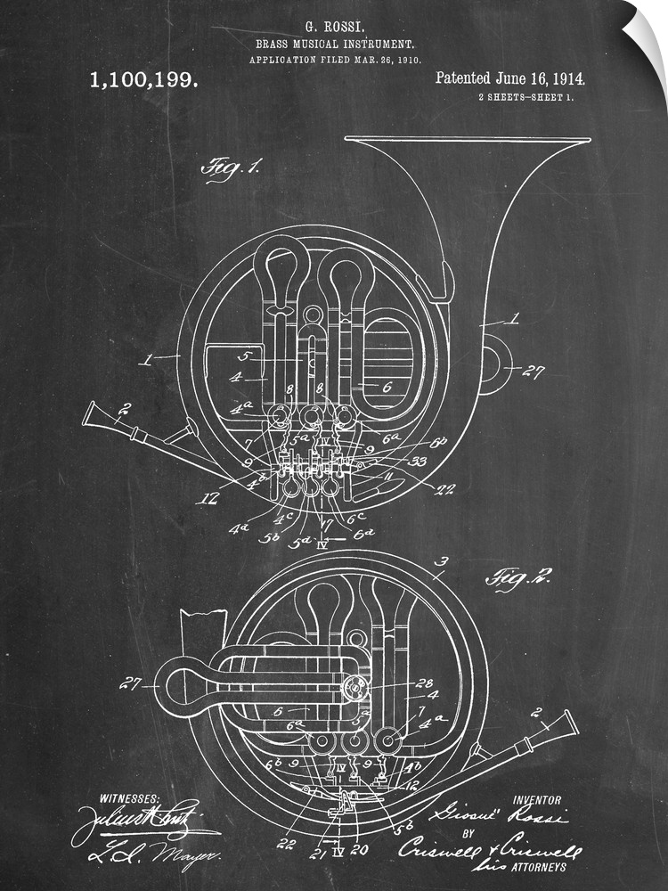 Black and white diagram showing the parts of a French Horn.