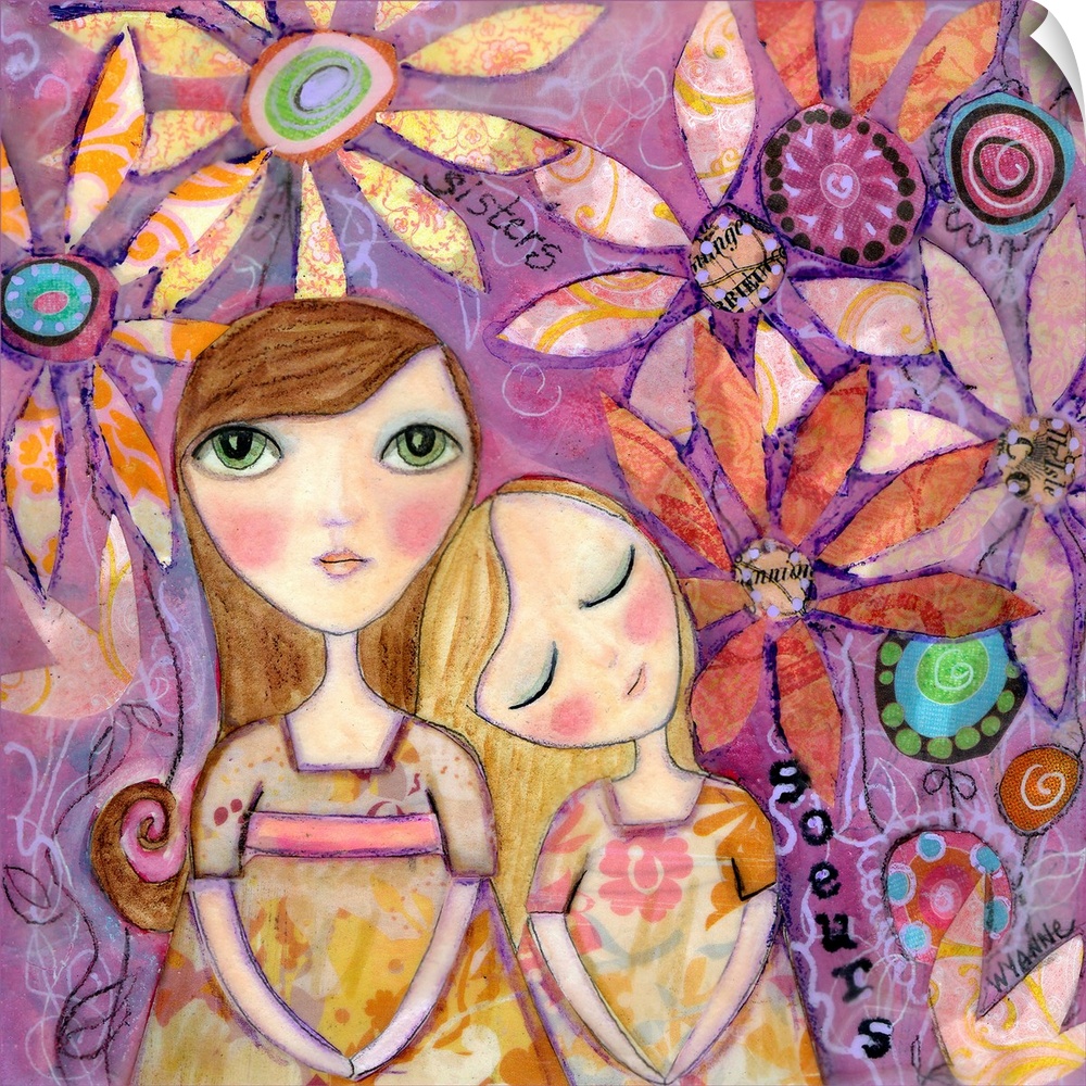 Painting of two girls sitting together under giant flowers.
