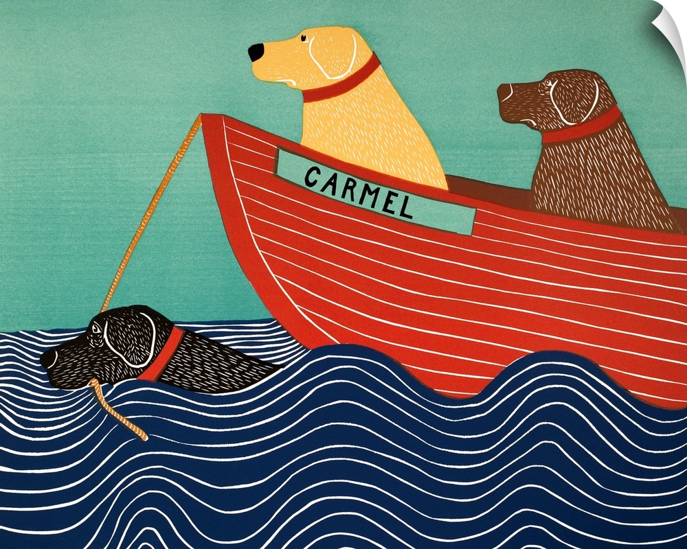 Illustration of a black lab in the ocean pulling a yellow and chocolate lab in a red boat titled "Carmel"