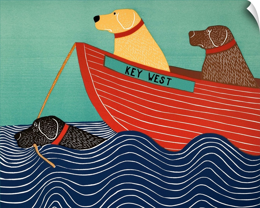 Illustration of a black lab in the ocean pulling a yellow and chocolate lab in a red boat titled "Key West"