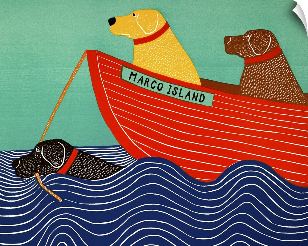 Illustration of a black lab in the ocean pulling a yellow and chocolate lab in a red boat titled "Marco Island"