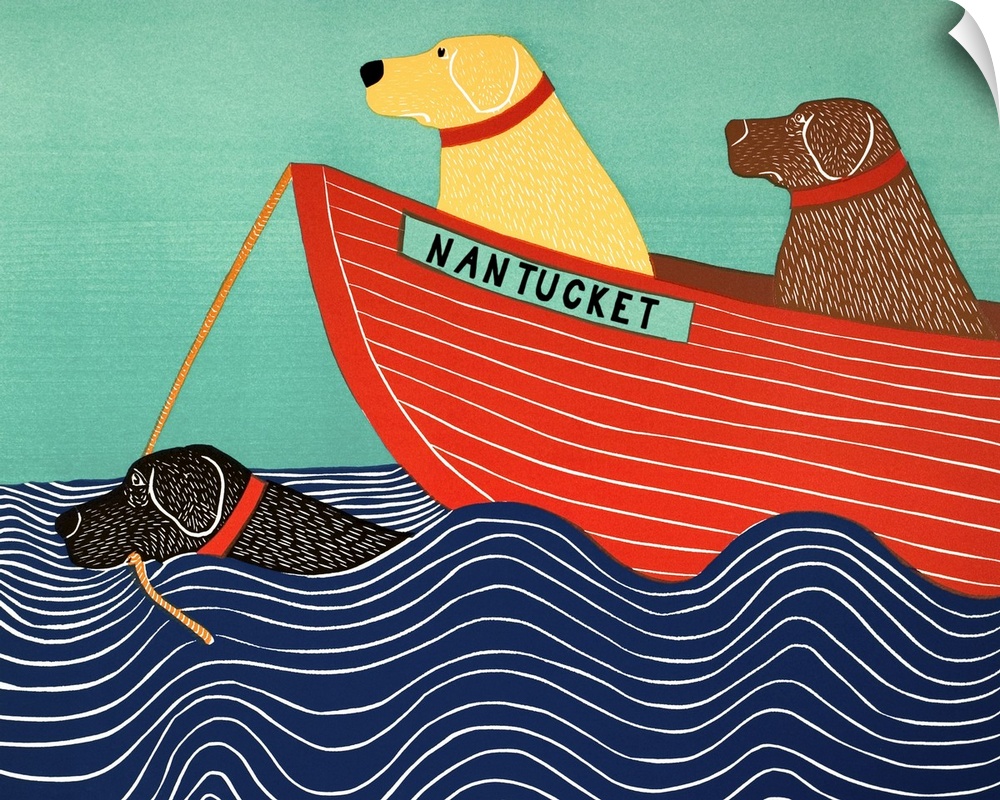 Illustration of a black lab in the ocean pulling a yellow and chocolate lab in a red boat titled "Nantucket"