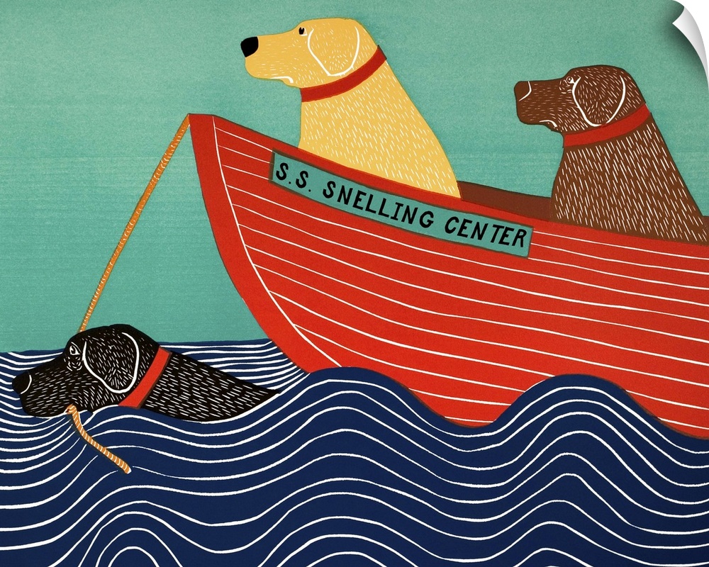 Illustration of a black lab in the ocean pulling a yellow and chocolate lab in a red boat titled "S.S. Snelling Center"