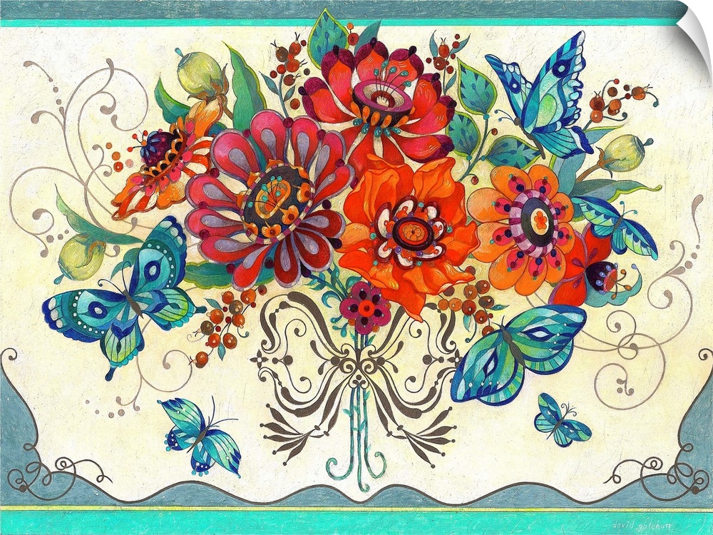 Contemporary artwork of a bouquet of bright and colorful flowers surrounded by butterflies