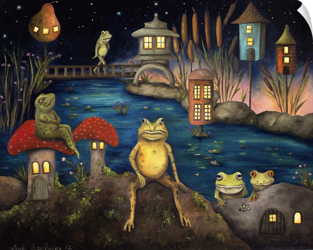 Surrealist painting of a land inhabited by frogs.