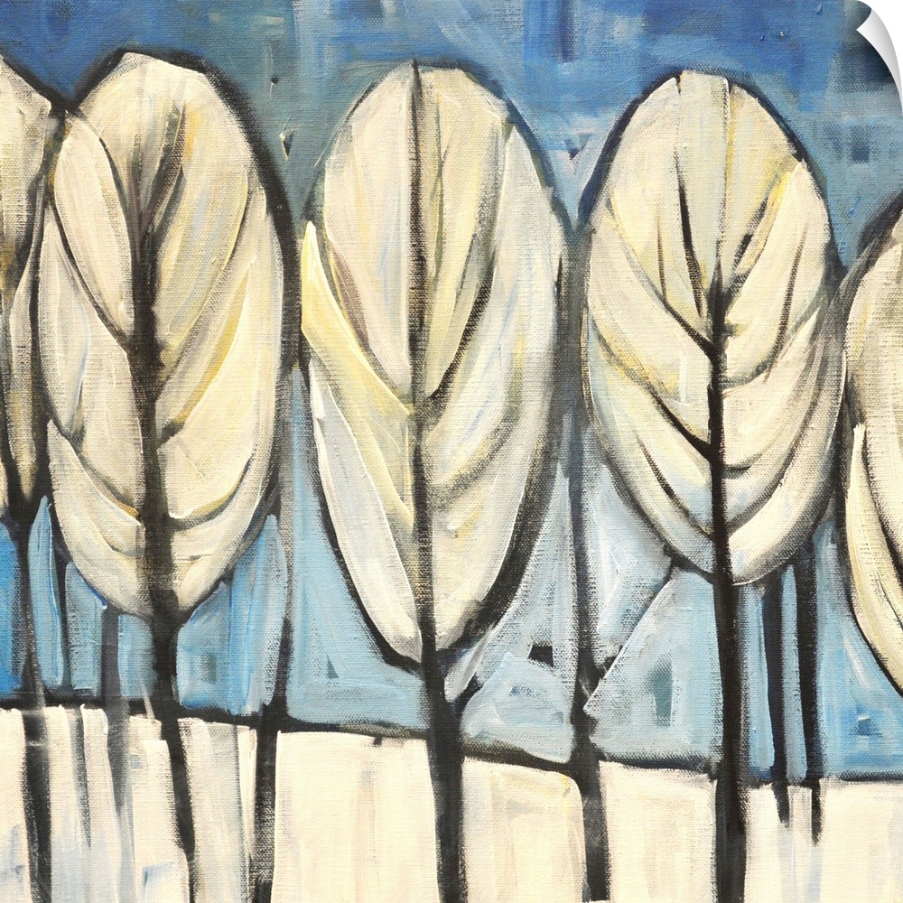 Contemporary painting of a grove of white trees.