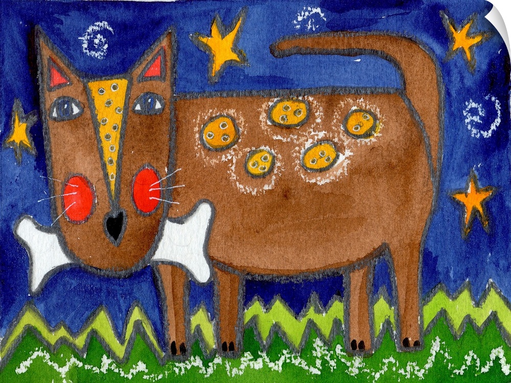 A brown dog holding a large bone under a starry sky.