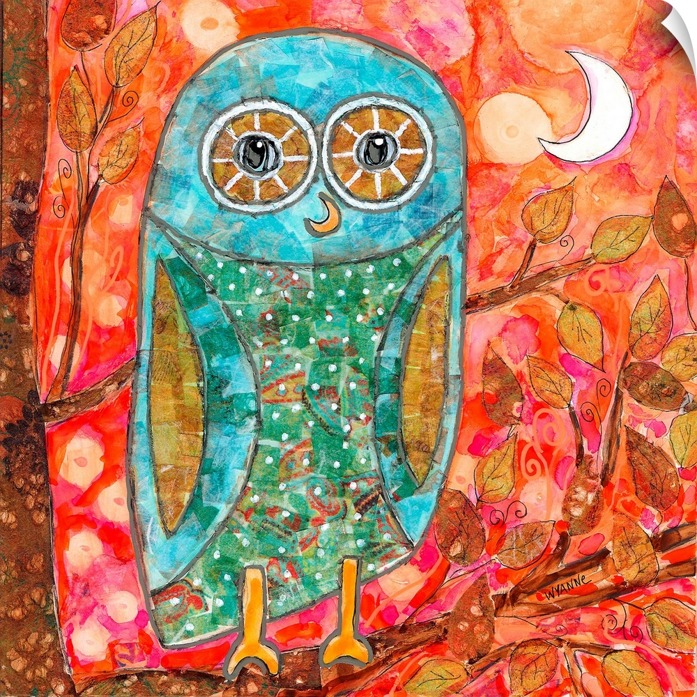 A blue owl with big eyes sitting in a tree with the moon behind.