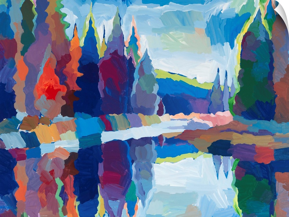 Colorful abstract landscape with trees and mountains reflecting into the lake in the foreground.